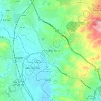 Mapa topográfico Molina de Segura, altitud, relieve