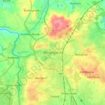 Mapa topográfico Whitchurch, altitud, relieve