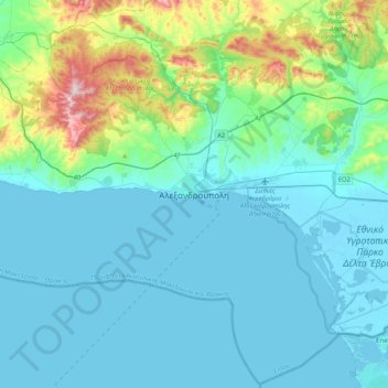 Mapa topográfico Alexandroupolis, altitud, relieve