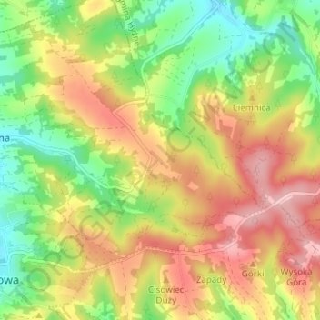 Mapa topográfico Mokłuczka, altitud, relieve