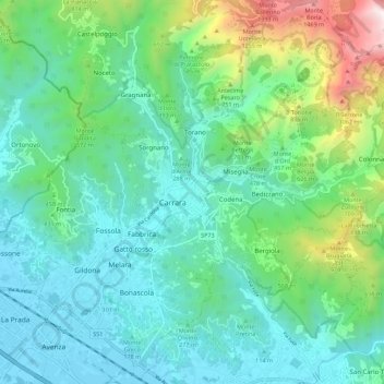 Mapa topográfico Carrara, altitud, relieve