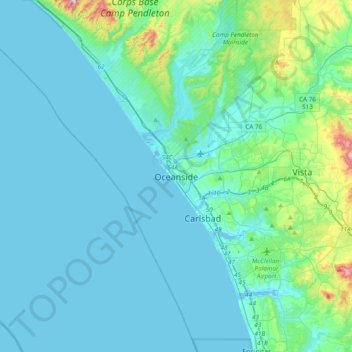 Mapa topográfico Oceanside, altitud, relieve