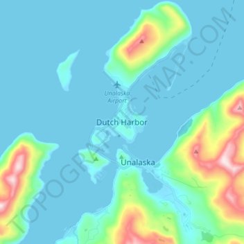 Mapa topográfico Dutch Harbor, altitud, relieve