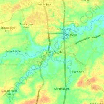 Mapa topográfico Gunung Sugih, altitud, relieve