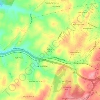 Mapa topográfico Hawthorne Acres, altitud, relieve