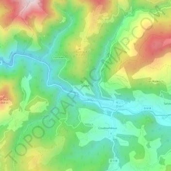 Mapa topográfico Coulat, altitud, relieve