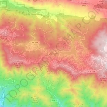 Mapa topográfico Crestline, altitud, relieve