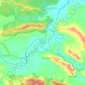 Mapa topográfico Purana, altitud, relieve