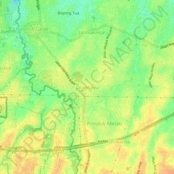 Mapa topográfico Jatirahayu, altitud, relieve