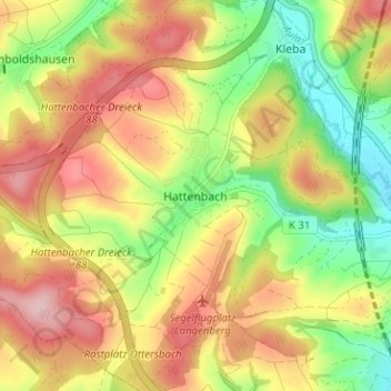 Mapa topográfico Hattenbach, altitud, relieve
