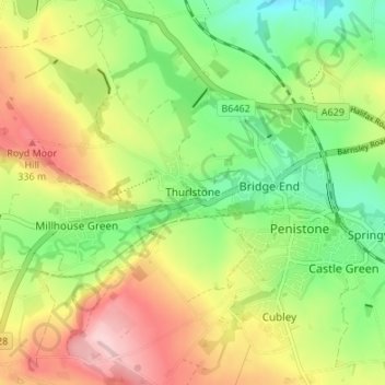 Mapa topográfico Thurlstone, altitud, relieve