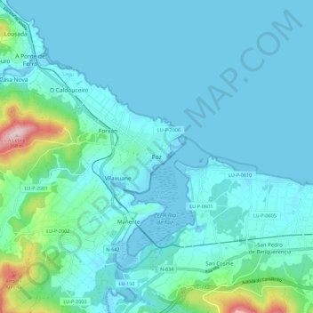 Mapa topográfico Foz, altitud, relieve