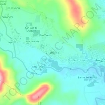Mapa topográfico Chambira, altitud, relieve