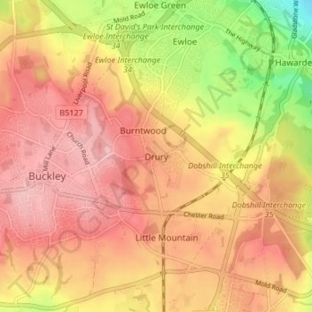 Mapa topográfico Drury, altitud, relieve