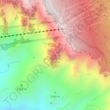 Mapa topográfico Jawbone, altitud, relieve