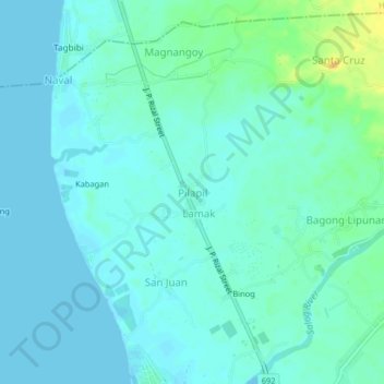 Mapa topográfico Pilapil, altitud, relieve