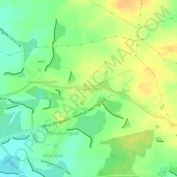 Mapa topográfico Pillayarpatti, altitud, relieve