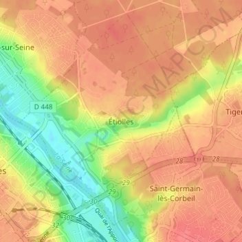Mapa topográfico Étiolles, altitud, relieve
