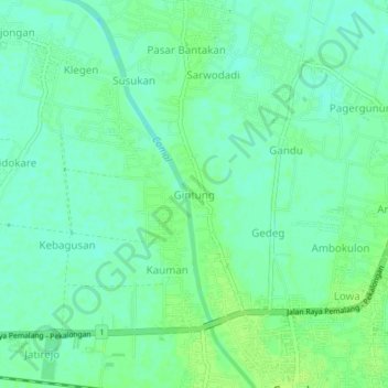 Mapa topográfico Gintung, altitud, relieve