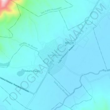 Mapa topográfico Valdeflores, altitud, relieve
