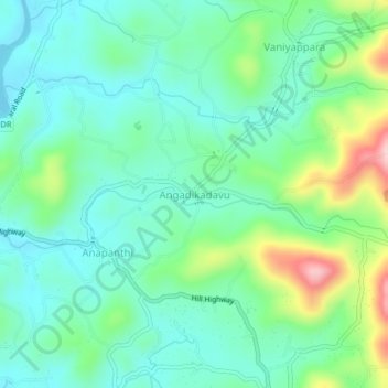 Mapa topográfico Angadikadavu, altitud, relieve