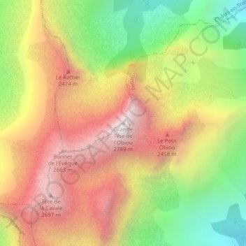 Mapa topográfico Grande Tête de l'Obiou, altitud, relieve
