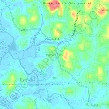 Mapa topográfico Puthuppally, altitud, relieve