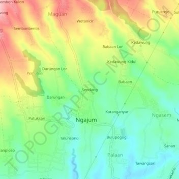 Mapa topográfico Sendang, altitud, relieve