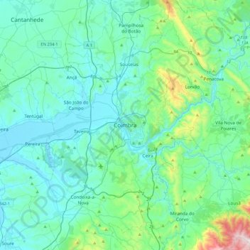 Mapa topográfico Coimbra, altitud, relieve