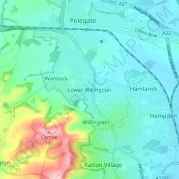 Mapa topográfico Lower Willingdon, altitud, relieve