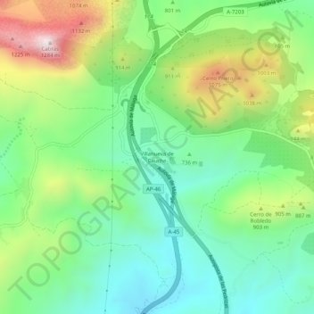 Mapa topográfico Villanueva de Cauche, altitud, relieve
