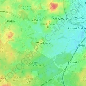 Mapa topográfico Woodlands, altitud, relieve
