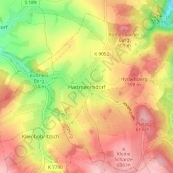 Mapa topográfico Hartmannsdorf, altitud, relieve