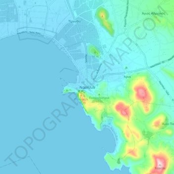 Mapa topográfico Nauplia, altitud, relieve