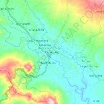 Mapa topográfico Kepahiang, altitud, relieve