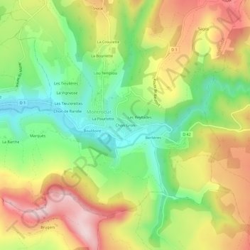 Mapa topográfico Chon Gron, altitud, relieve