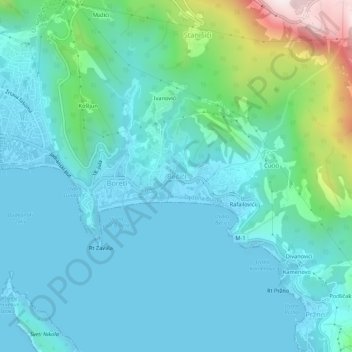 Mapa topográfico Bečići, altitud, relieve