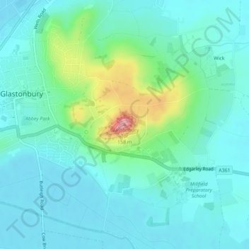 Mapa topográfico Glastonbury Tor, altitud, relieve