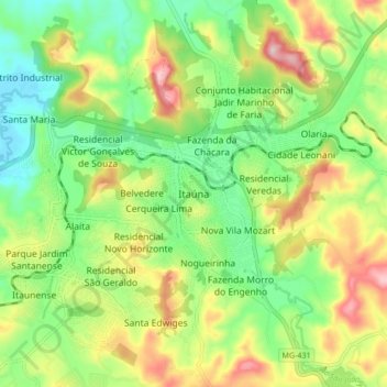 Mapa topográfico Itaúna, altitud, relieve