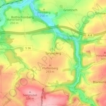 Mapa topográfico Tanneberg, altitud, relieve