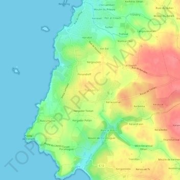 Mapa topográfico Trezien, altitud, relieve