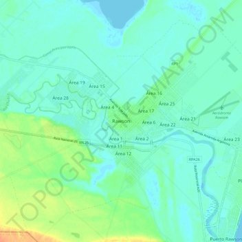 Mapa topográfico Rawson, altitud, relieve