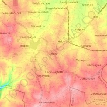 Mapa topográfico Anekal, altitud, relieve