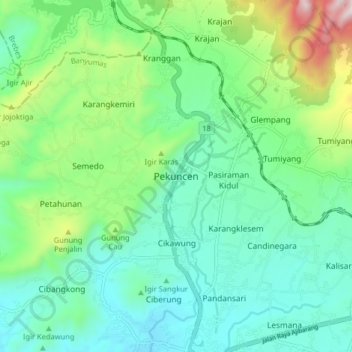 Mapa topográfico Pekuncen, altitud, relieve