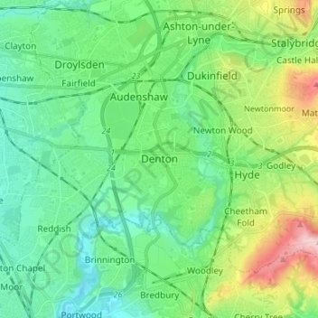 Mapa topográfico Denton, altitud, relieve