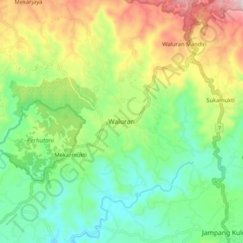Mapa topográfico Waluran, altitud, relieve