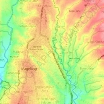 Mapa topográfico Wates, altitud, relieve