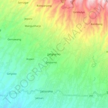 Mapa topográfico Jatipurno, altitud, relieve