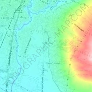 Mapa topográfico Kedungkandang, altitud, relieve