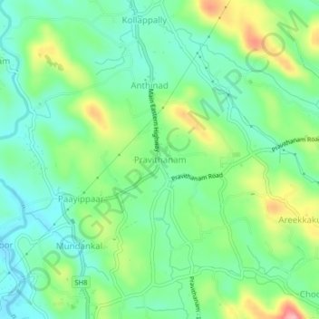 Mapa topográfico Pravithanam, altitud, relieve